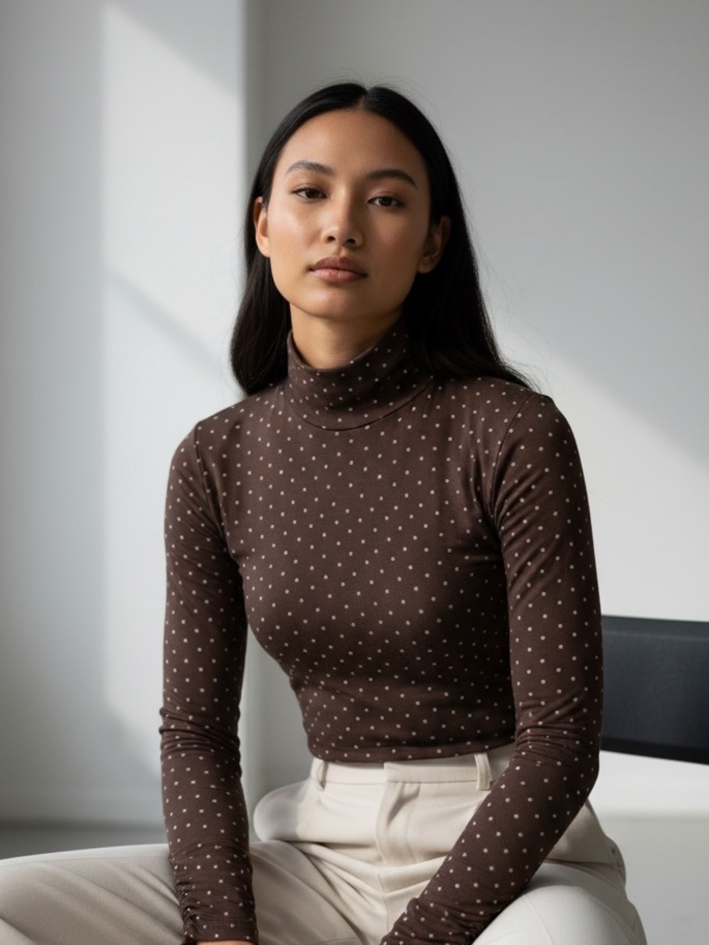 AFRM Polka Dot Turtleneck Long-Sleeve Top - Brown